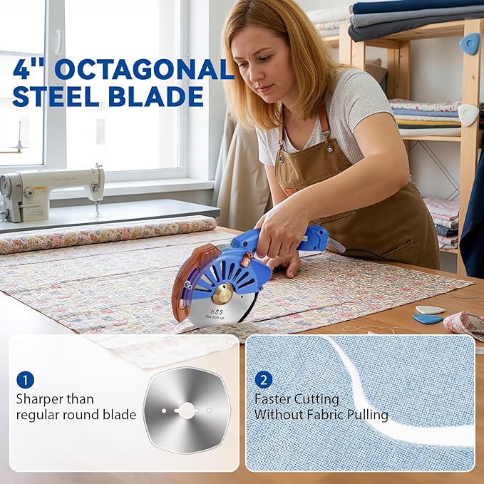 BAOSHISHAN 100mm Plug-in Electric Fabric Rotary Cutter Heavy Duty | Speed Adjustable Round Blade Fabric Cutting Machine for ≤1.06 inch Thickness Multilayer Fabric Leather Cloth Carpet (Blue)
