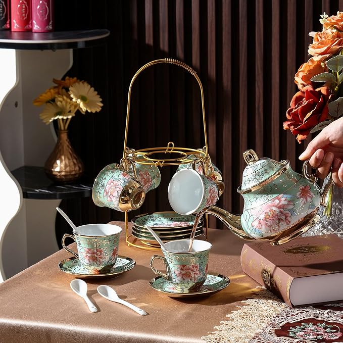 Zhehao 20 Pcs Porcelain Tea Set with Metal Holder and Spoon Adult Ceramic Tea Set European Flower Painting Teapot Cup Saucer Spoon for Women Mom Gift, Large Version (Fresh Style)
