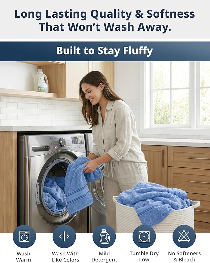 LANE LINEN 100% Cotton 4 Pack Bath Towels (28"x54") - Zero Twist, Mercerized Cotton Bathroom Towels Set - Quick Dry, Soft & Absorbent Large Bath Towels - Machine Wash in Cold Water - Cerulean Blue
