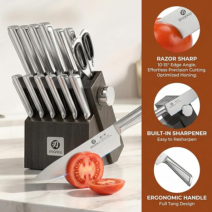imarku Japanese High Carbon Stainless Steel Knife Set with Block, Precision-Forged Gyutou Kitchen Knives with Built-in Sharpener, Ultra-Sharp 10–15° Edge, Ergonomic Non-Slip Handle, Dishwasher Safe