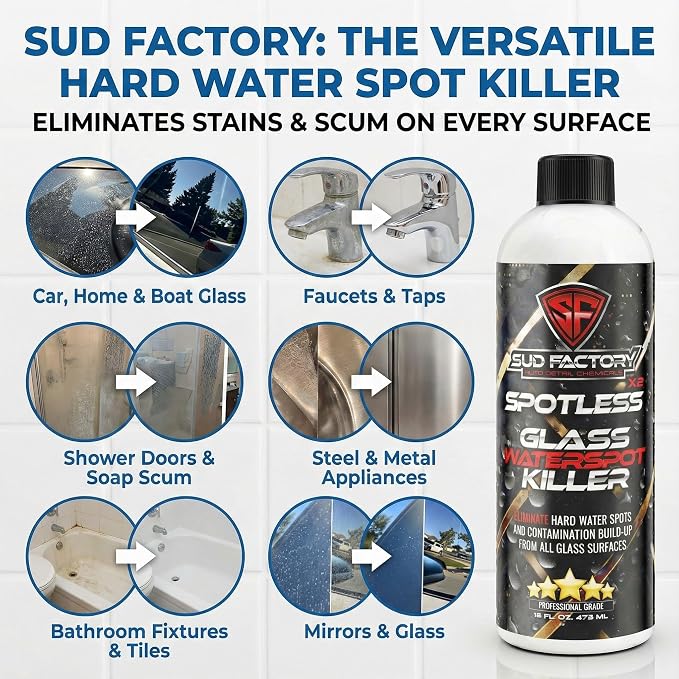 Sud Factory Hard Water Spot Remover for Glass Spotless X2 - Removes Water Stains from Shower Doors, Car Windows, Windshields - Professional Strength 16oz