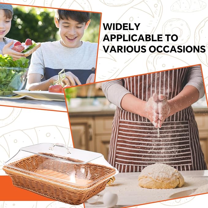 Rattan Bread Baskets, 3 Pack, rectangular Woven Baskets with Acrylic Lids, 13.8 x 9.8 inches, Stainless Steel Tongs, Lace Doilies, for Bread, Fruit, Food Display