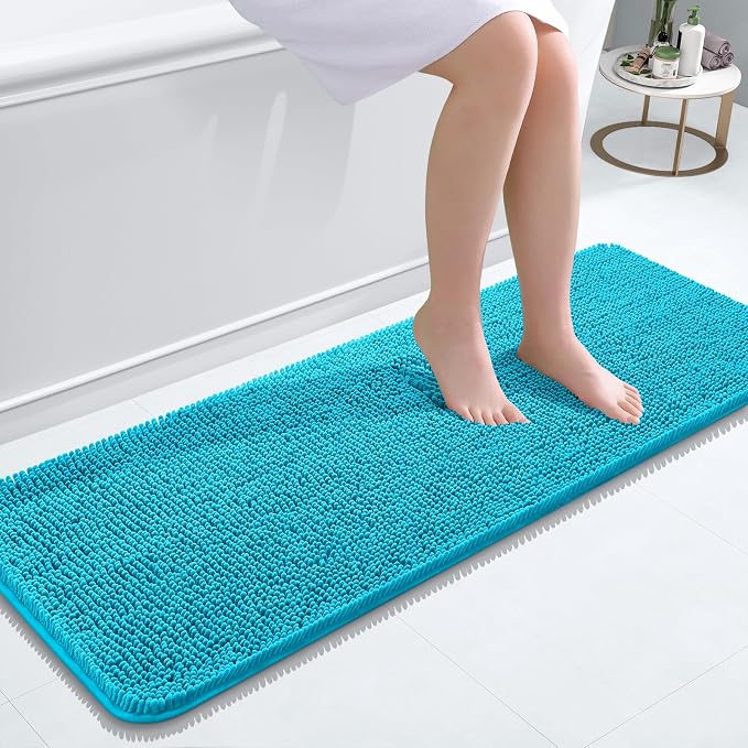 OLANLY Bathroom Runner Rugs 47x17, Soft Absorbent Chenille Bath Rugs, Rubber Backing Quick Dry, Machine Washable Long Bath Mats for Bathroom Floor, Tub and Shower, Home Decor Accessories, Aqua Sky