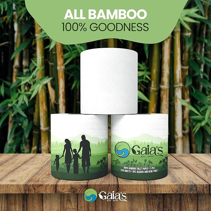Gaias Premium and Soft Organic Bamboo Toilet Paper | 36 Mega Rolls, 3 Ply, 370 Sheets | FSC Certified, PFAS & BPA Free, Eco-Friendly, Sustainable Tissue - Plastic Free, Septic Safe, Vegan