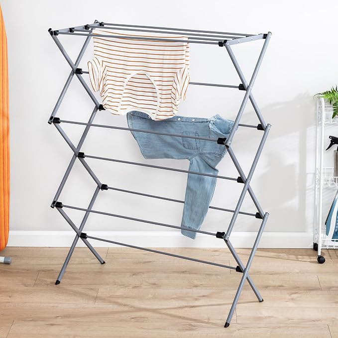 Honey-Can-Do Oversized Collapsible Clothes Drying Rack, 35", 50 lb, Grey | Oversized 35" x 45" steel rack holds 50 lb and folds flat for storage. Air-dry a full load indoors or outdoors.
