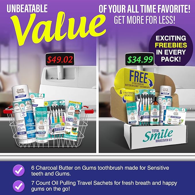 GuruNanda Total Smile Makeover Kit Charcoal with Cocomint Oil Pulling, Dual Barrel Whitening Mouthwash, Whitening Strips & Charcoal Butter on Gums Toothbrushes
