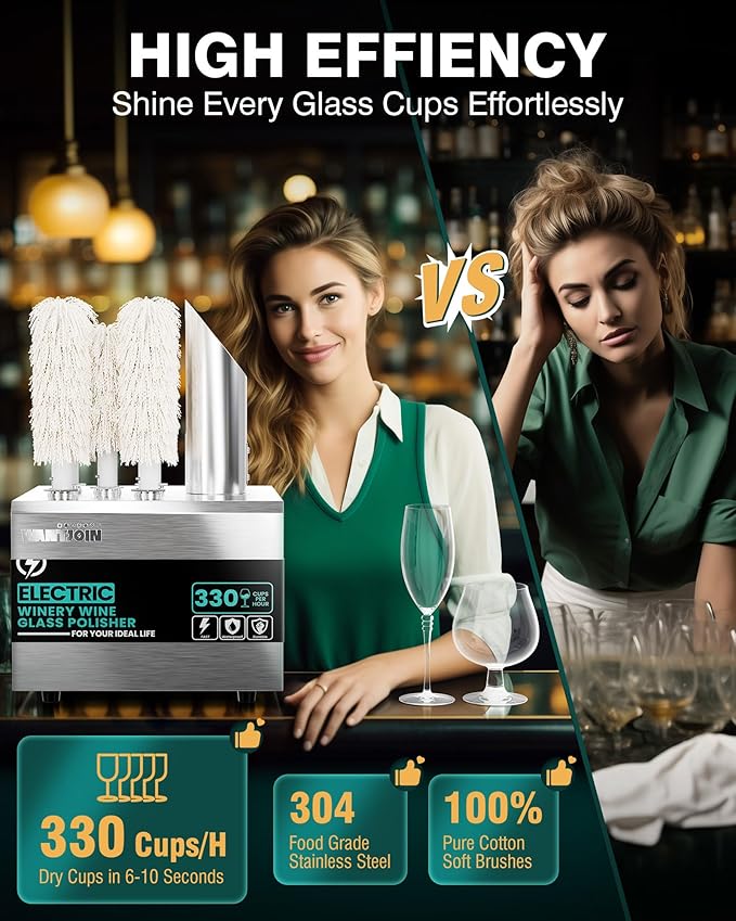 WantJoin Commercial Wine Glass Polisher Machine, 330 Cups/Hour 1300W Automatic Dryer with 5 Brushes, 304 Stainless Steel & Soft Cotton Brushes for Bar Restaurant Kitchen