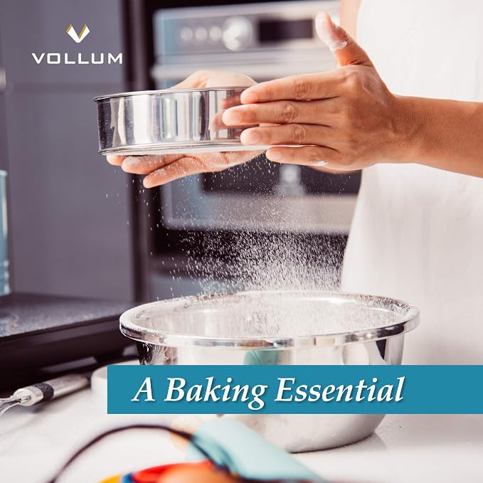 Vollum Stainless Steel Flour Sifter Fine Mesh Round Flour Sieve for Baking 9.5" Diameter x 2.5" High; 30 Mesh (Hole Size 0.6mm)
