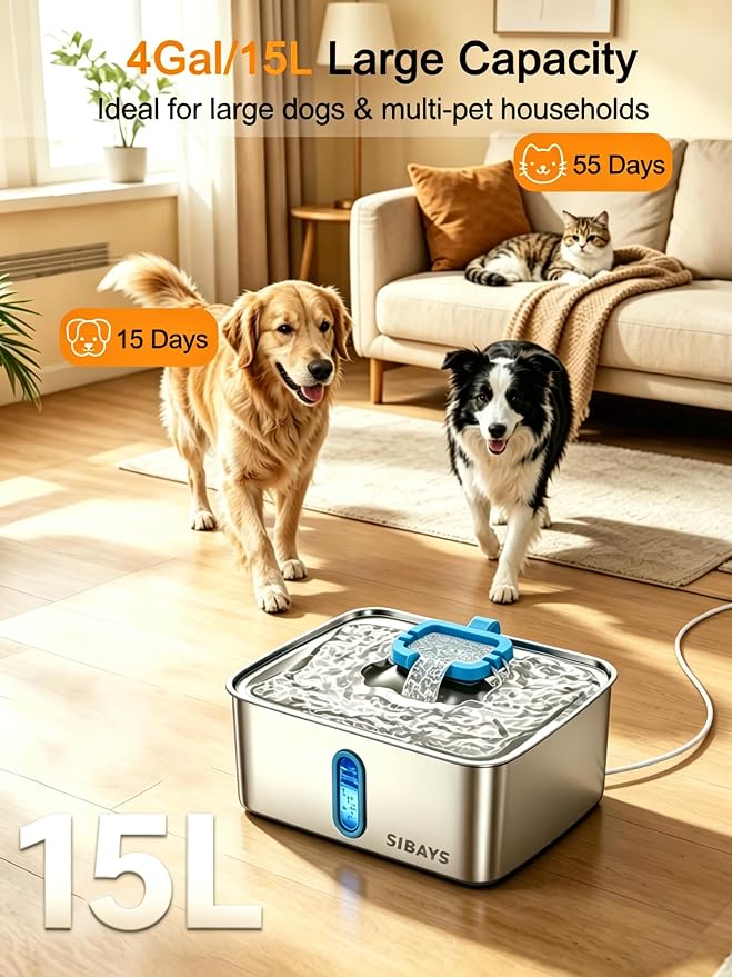 SIBAYS 4Gal/15L Large Dog Water Fountain, Stainless Steel Pet Water Fountain with Water Level Window and LED Light, Ultra Quiet Automatic Dog Water Bowl Dispenser, Easy to Clean(FS78, Silver-Blue)