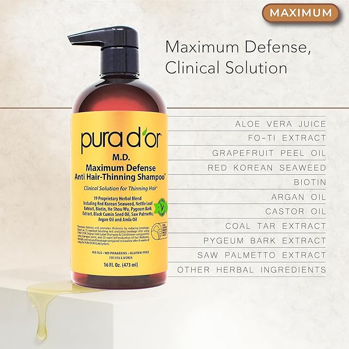 PURA D'OR MD Anti-Thinning Biotin Shampoo & Hair Regrowth Conditioner Set, Maximum Defense Herbal Blend Hair Thickening Products For Women & Men, For Scalp Health, Strong Coal-Tar Scented, 16oz x2