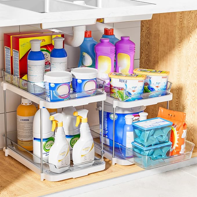 Delamu 2-Tier Multi-Purpose Bathroom Under Sink Organizers and Storage, Stackable Kitchen Pantry Organization, Pull Out Medicine Cabinet Organizer with Movable Dividers, White, 4Pack