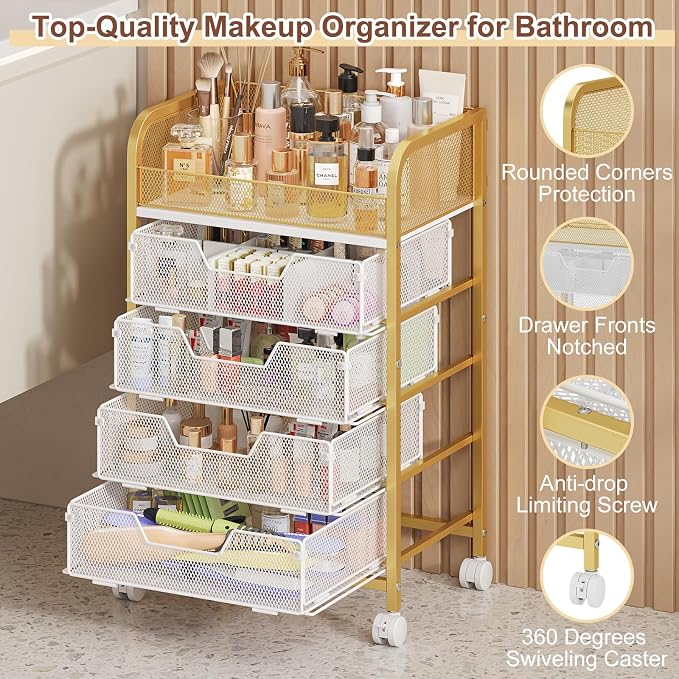 Hongtamoya Makeup Cart Organizer with 4 Drawers, Large Floor Skincare Organizers, Vanity Storage Organizer Cosmetics Display Cases for Skin Care Perfume Nail Polish, Gold