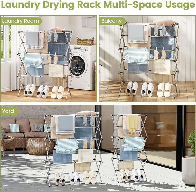 APEXCHASER Large Stainless Steel Clothes-Drying-Rack, Expandable Adjustable Width 24.76-35.51 Inch, 45.28" Height Space Saving Foldable Laundry Rack, Indoor Outdoor for Clothes Towels Shoes, Silver