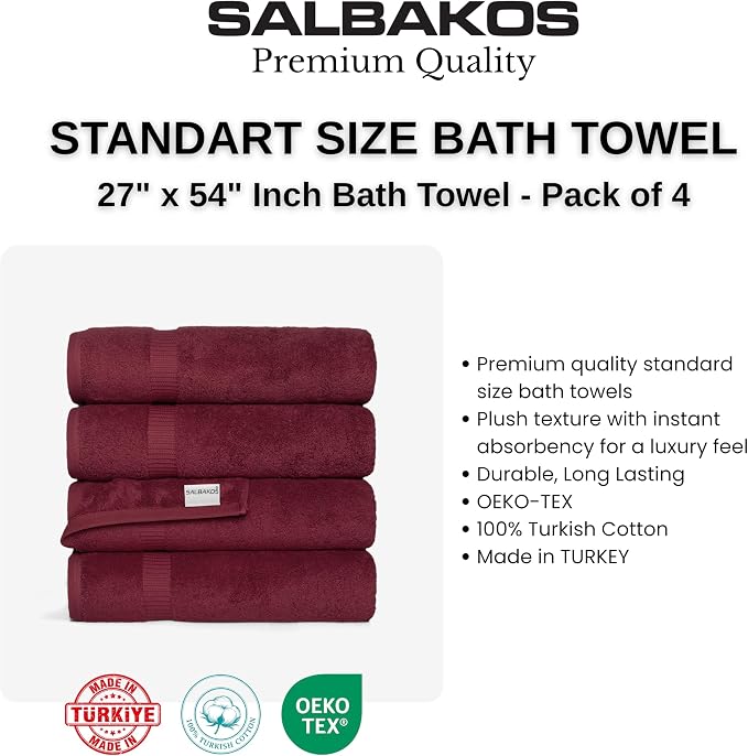 SALBAKOS 4-Piece 100% Turkish Cotton Bath Towels, 27x54 inch, Wine | Standard Size, 630 Gsm Thick Super Soft Highly Absorbent Quick-Dry Bathroom Towel, Premium Hotel & Spa Quality Made in Turkey