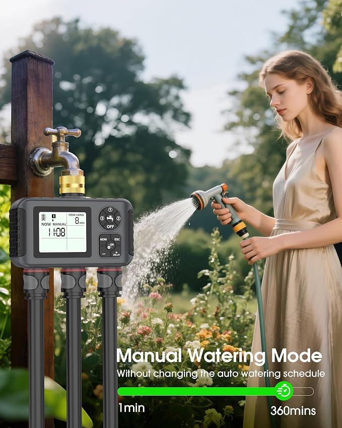 Insoma Water Timer with Brass Inlet, 3 Independent Zones Outdoor Hose Timer for Garden Faucet with Auto/Manual/Rain Delay Mode, IPX5 Waterproof, Sprinkler Irrigation Controller for Yard Lawn