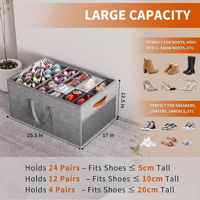 Aokeyee 2 Pack Shoe Organizer for Closet, Large Shoe Storage Box, Grey | Fits up to 48 Pairs, Stackable, Space Saving, Foldable, Shoes Organizer Bin with Clear Cover, 4 Reinforced Handles