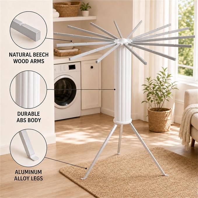 Clothes Drying Rack Foldable, Portable Laundry Drying Rack for Clothes with 16 Aluminum Rods & 48 Windproof Slots, Collapsible Tripod Dry Rack for Apartment, RV, Balcony