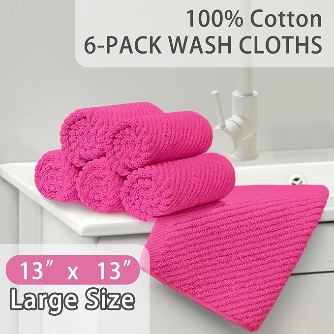 VOOVA & MOVAS Washcloths 6PC, 100% Cotton, 13x13 in, Hot Pink | Thick, Quick Dry, Soft, Absorbent, Luxury Towels For Face, Fluffy Wash Cloths, Towel Gift Set