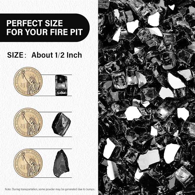 NUPICK 5 Pound Fire Glass, 1/2 Inch Reflective Fire Pit Glass | Tempered Fire Pit Rocks for Propane or Natural Gas, Glass Rocks for Fire Pit Table, Fireplace, Fire Bowl, Landscaping, Black