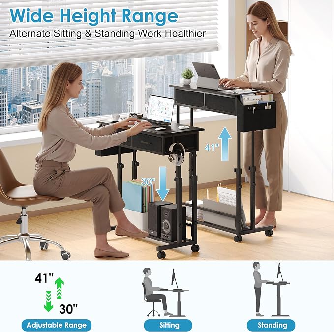Small Standing Desk with Storage, Height Adjustable Sit Stand Desk with Drawers, Mobile Office Desk with Wheels and Side Pocket, Adjustable Laptop Workstation for Home Office