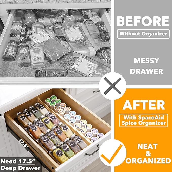 SpaceAid Spice Drawer Organizer with 16 Spice Jars, 386 Spice Labels, 4 Tier Seasoning Rack Tray Insert for Kitchen Drawers, 7.5" Wide x 17.5" Deep