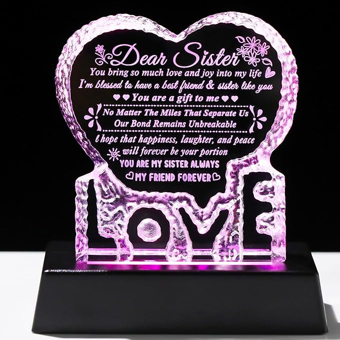 YWHL Sister Birthday Gifts from Sisters, Gifts for Sister from Brother, Crystal Heart Keepsake to My Sisters Gift on Christmas Mother's Day