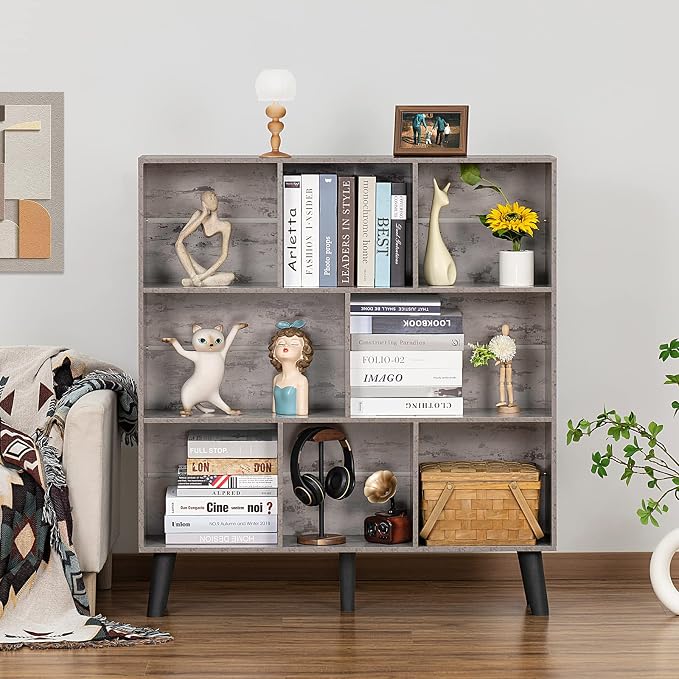 LEYAOYAO 8 Cube Bookshelf,Mid-Century Modern Bookcase with Legs,Dirty Grey | 3 Tier Book Shelf,Rustic Wood Bookshelves Freestanding Large Storage Organizer, Open Shelves for Bedroom, Living Room, Office