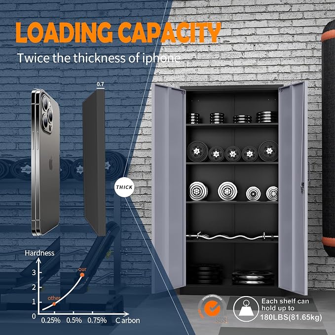 Metal Storage Cabinet with Locking Doors and 5 Adjustable Shelves, 72" Garage Storage Cabinet Steel Lockable for Office,Home,Garage