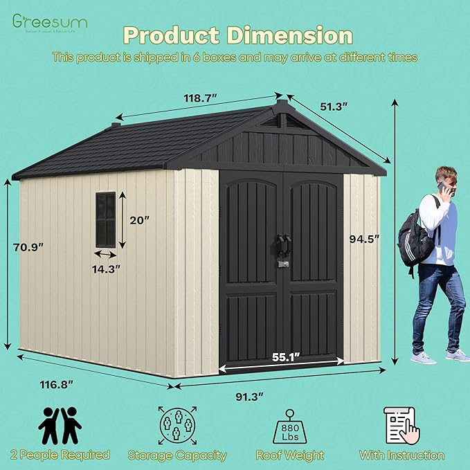 Greesum 8x10FT Plastic Outdoor Storage Shed with Floor, Resin Sheds with Window and Lockable Door, Easy Assembly, HDPE Kick-it Shed for Garden, Lawn, Backyard, Beige