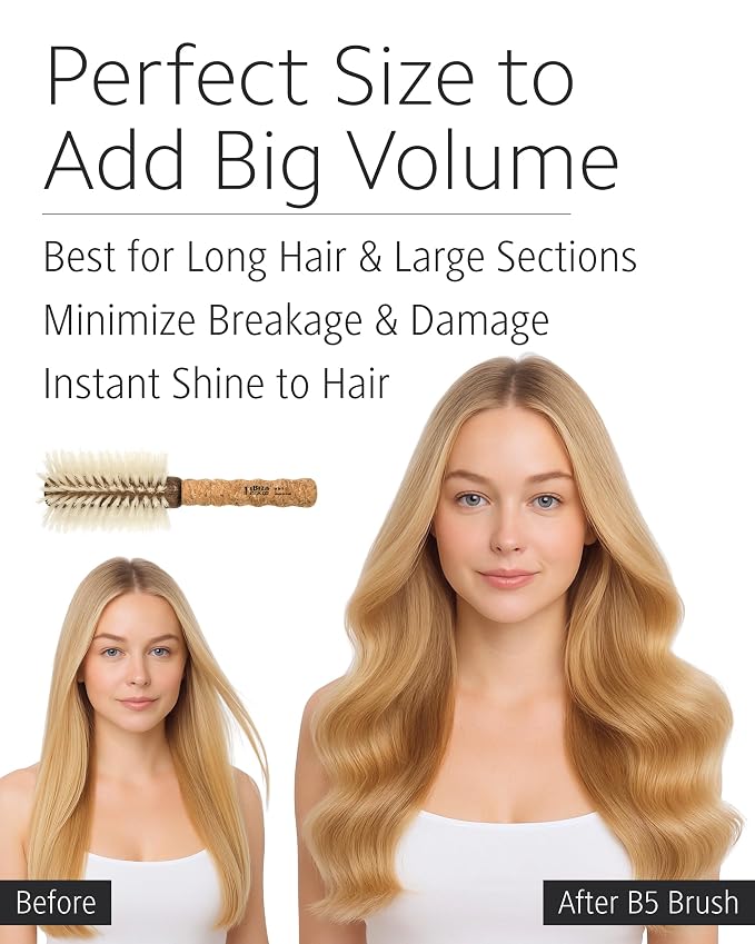Ibiza Hair Boar Bristle Round Brush (B5-80mm) | Blonde Bristles & Cork Handle | Ideal for Color Treated Tresses | Soft Curls, Big Volume & Large Sections | Adds Shine for Long Styles