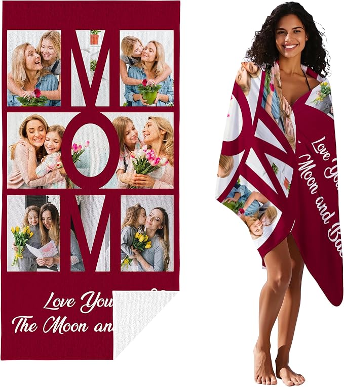 JML Mothers Day Birthday Gifts for Mom from Daughter Son, Personalized Beach Towel with Photo, Custom Beach Towel Gift for Mommy, Grandma, Women, Wife Anniversary Family Day, Summer, Holiday