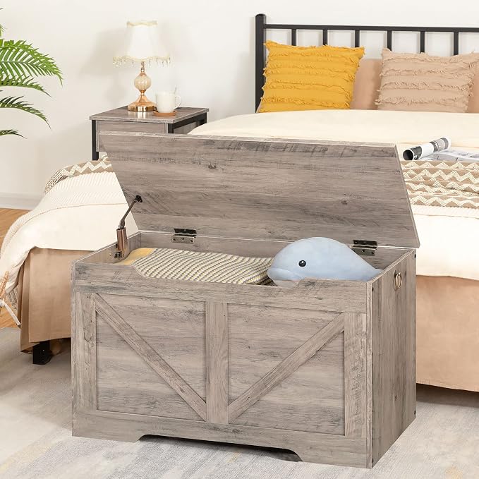 HOOBRO Storage Bench, 29.5” Retro Wooden Storage Chest with U-Shaped Cut-Out Pull, Safety Hinge, Supports 220 lb and Easy Assembly for Toy Box Organizer (Greige) BG77CW01G1