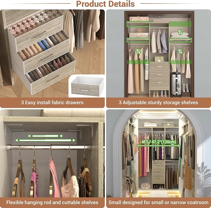 Besiost 4FT Small Closet System with 3 Fabric Drawers, 48'' Closet Organizer System With 3 Adjustable Shelves, Flexible Built-In Clothes Garment Rack for Small Space, 48"L x 13"W x 71"H, White Oak