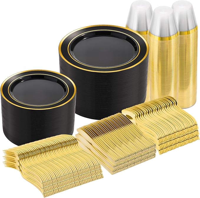 Goodluck 600 Pieces Black Plates for 100 Guests, Plastic Plates for Party, Dinnerware Set of 100 Dinner and 100 Dessert Plates, 100 Spoons, 100 Forks, 100 Knives, 100 Cups