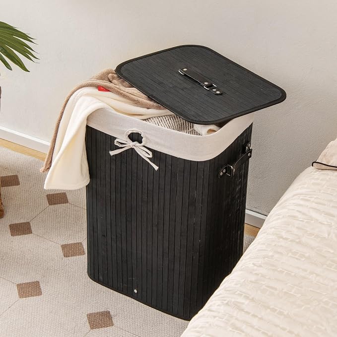 Giantex Bamboo Laundry Hamper with Lid Removable Liner & Handles | 72L Large & Tall Clothes Hamper, Rectangular Laundry Basket for Small Spaces, Laundry Room, Bedroom, Black