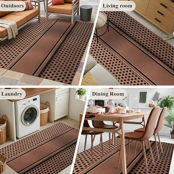 2'8" x 5' Area Rug for Bathroom, Brown Metal Hole Indoor Accent Rugs for Living Room, Copper Net Eye Hole Pattern Decorative Modern Carpet Washable Low Pile Non Slip Rug for Bedroom