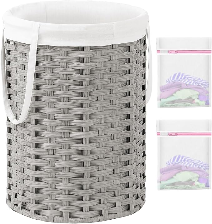 SETVSON Laundry Hamper Laundry Basket Round 19.0 Gal (72 L) Handwoven Rattan Hamper, Large Wicker Laundry Hamper with Removable Laundry Bag Handles 2 Mesh Bags for Bathroom Living Room Gray (No Lid)
