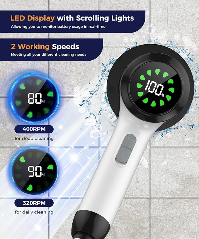 Cordless Electric Spin Scrubber with 7 Brush Heads, White-te1 | Adjustable long handle for shower, tile, grout, sink, tub, floor, and car wheel cleaning