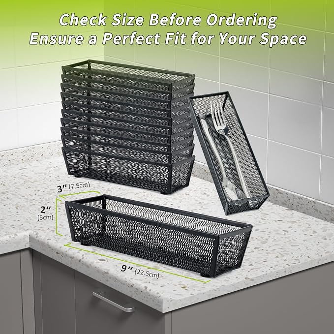 Neudeco Silverware Organizer, Black, 9 x 3 x 2 inch, Pack of 12 | Mesh Drawer Organizer, Metal Construction, For Kitchen Utensils & Flatware, Multi-Purpose Use