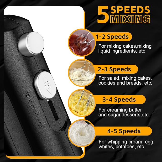 Lord Eagle 5-Speed Hand Mixer Electric, 300W Compact Handheld Mixer, Portable Kitchen Egg Beater with 5 Attachments & Storage Bag, Cake Supplies for Bread Dough Baking, Lightweight, Black