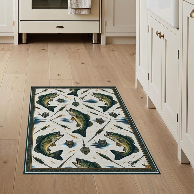 3'x5' Washable Area Rug Bass Lake Lure Tackle Reel Motif Border Angler Hook Fish Fishing Refined for Home Office, Hallway, Laundry Room, Non-Slip Chair-Friendly