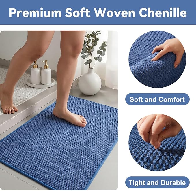 Triohero Bathroom Runner Rug, Long Bath Mat Washable Thin Quick Dry Low Pile Bathroom Runner Rugs 24 x 60 Non Slip, Denim Blue 24"x60"
