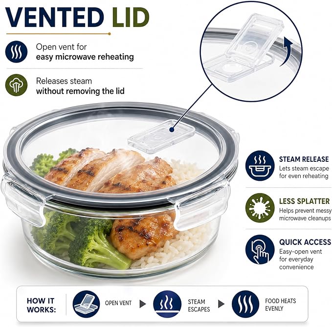 Sorbus Glass Meal Prep Containers Set, 8 Pack Round Borosilicate Glass Containers 32.7oz / 970ml, Airtight Vented Lids, Leakproof, BPA Free, Oven Microwave Freezer Dishwasher Safe, Stackable, 7x3 in