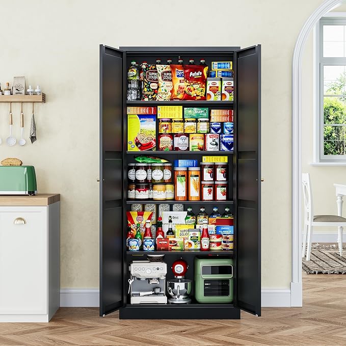Black Storage Cabinet with Adjustable Shelves-Metal Home Kitchen Pantry Cabinets with Doors,Organization Locker for Cupboard/Bedroom/Dining/Living/Bathroom/Office/Garage Room