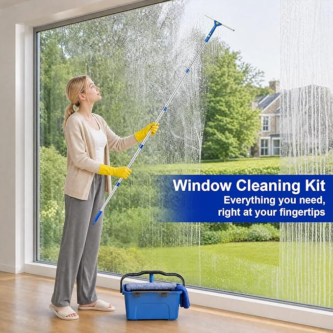 Professional Window Cleaning Kit, Window Washing Kit with 3 Gallon Bucket, 14-Inch Squeegee & 15-Inch Scrubber, 76-Inch Extendable Pole, Window Cleaning Equipment for Home & Commercial (76 inch)