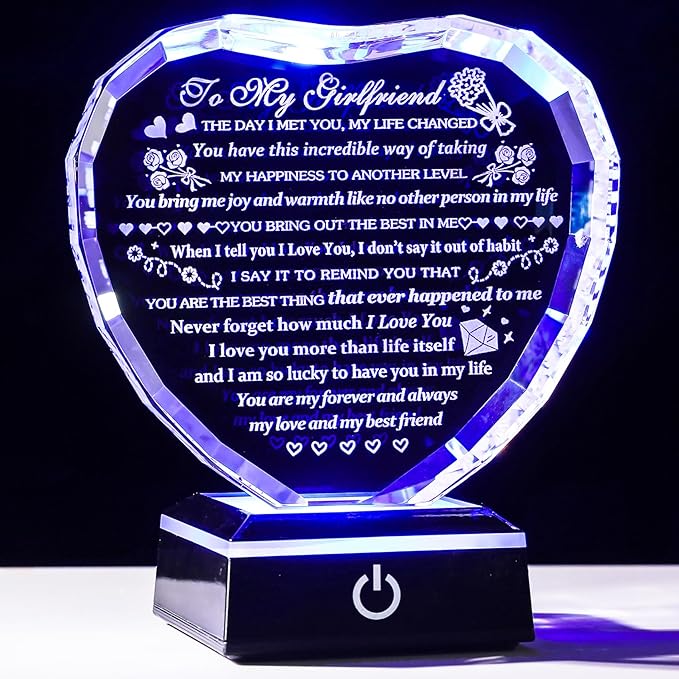 Girlfriend Gifts with Colorful LED Base Engraved to My Girlfriend Heart Crystal Keepsakes on Anniversary Birthday Valentine's Day Gifts for Girlfriend Romantic I Love You Gift for Her from Boyfriend