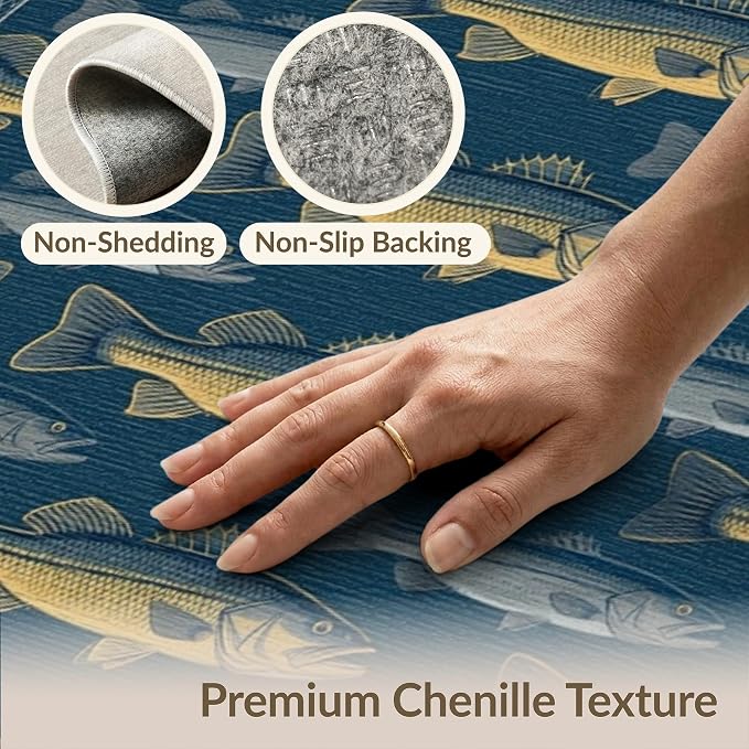 4'x6' Washable Area Rug Bass Repeating Lure Net Border Tackle Motif Angler Fish Fishing Refined Non-Slip Chair-Friendly for Home Office, Gaming Room, Under Desk
