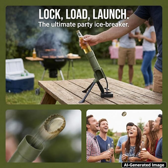 Mortar Bottle Opener Beer Cap Launcher for 12oz Bottles | 2.6In Wide Mortar Muzzle, 4 Adjustable Arms,Heavy Duty Military Bar Decor - Fun Gift for Men, Veterans, Dads