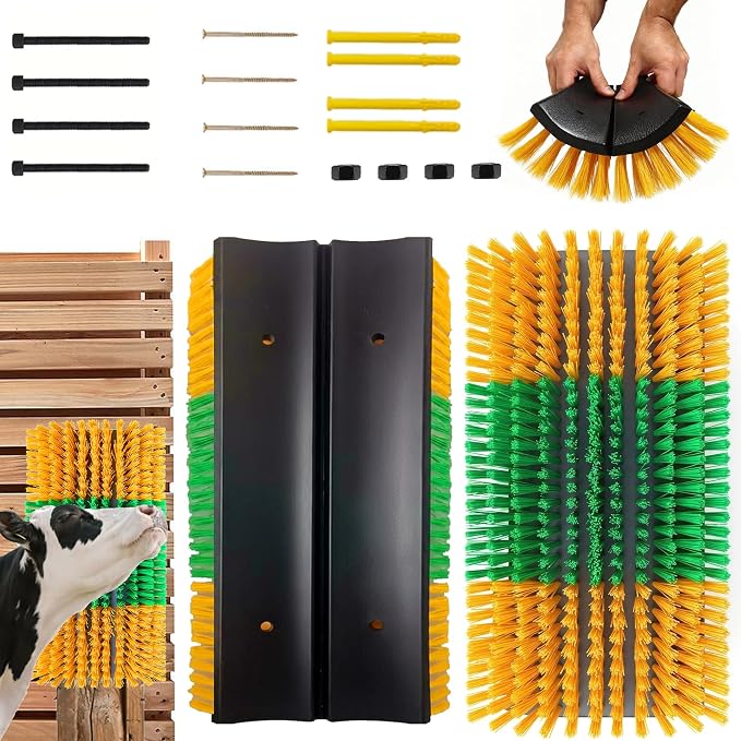 Livestock Scratching Brush 2 Pack for Cattle, Horses and Goats, Bendable Cow Scratcher, Goat Scratching Post and Horse Scratcher with Durable Nylon Bristles and 8 Stainless Steel Screws