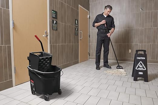 Rubbermaid Commercial Products WaveBrake 35 QT Side-Press Mop Bucket and Wringer Combo on Wheels with Dirty Water Bucket, Black, for Heavy-Duty Floor Cleaning